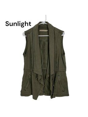 Max Jeans Olive Green Sleeveless Vest Waterfall Collar Adjustable Waist Womens M